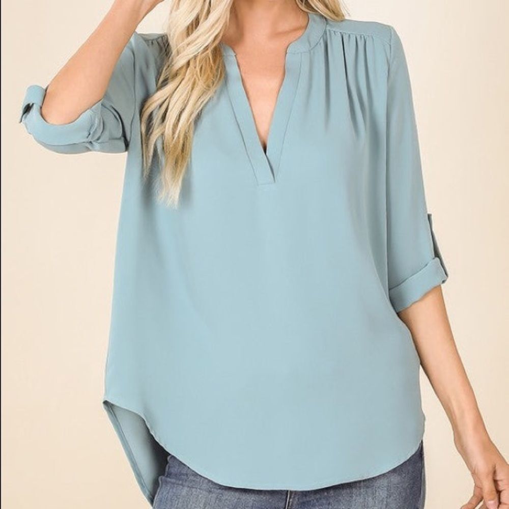 Henley Blouse V Neck & Cuffed Sleeves